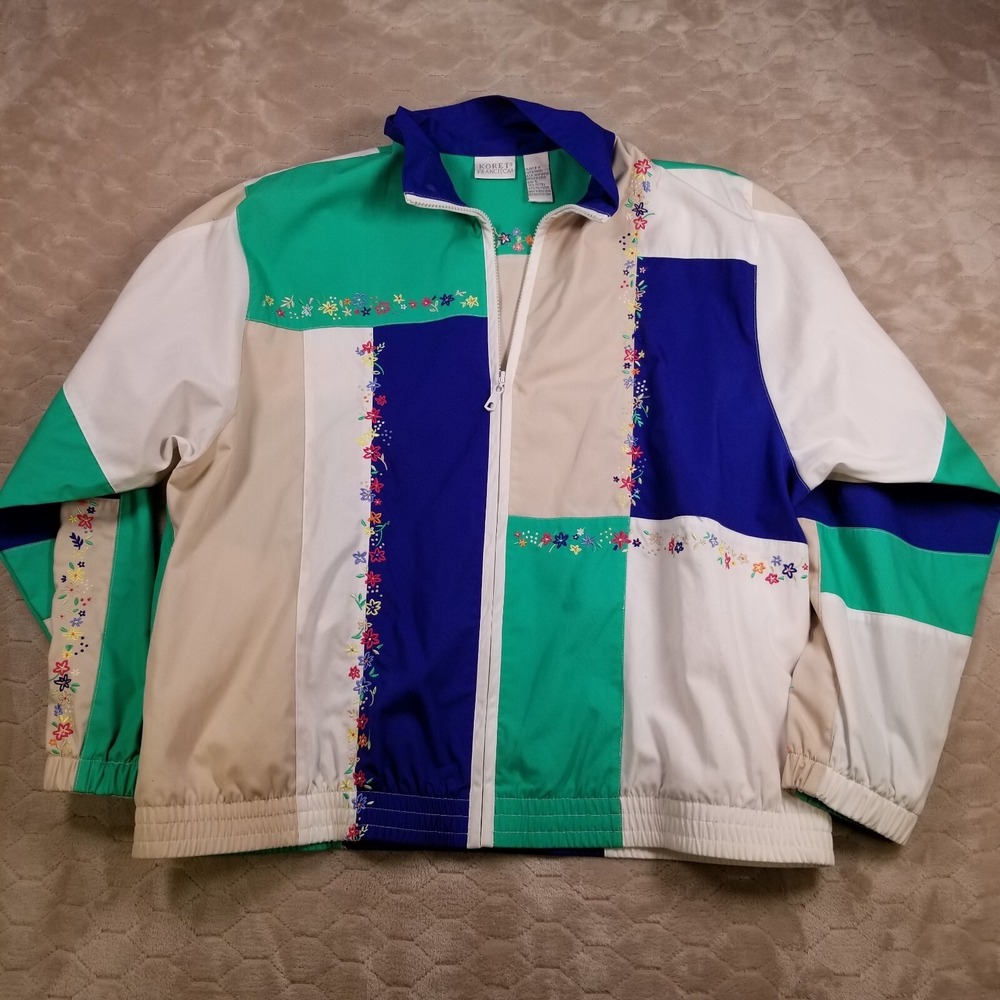 VTG 90s Koret Francisca Jacket Embroidered Floral Colorblock Sz Lg See Pics